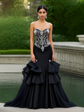 Crystal Ruffles Trumpet Mermaid Black Sweetheart Beading Prom Dress