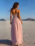 Chiffon Beading Pink V Neck A Line Prom Dress With Slit