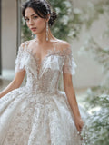 Beading Appliques Tulle A Line Short Sleeve Wedding Dress