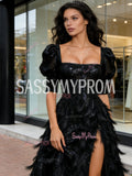 Puffy Sleeve Sequin Feather Black A Line Prom Dress