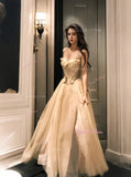 A Line Flowers Champagne Tulle Prom Dress With Slit