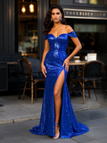 Sequin Trumpet Mermaid Royal Blue Off The Shoulder Prom Dress With Slit