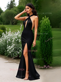 Backless Trumpet Mermaid Black Keyhole Satin Prom Dress With Slit