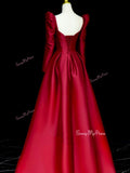 Sweetheart Ruched Satin Long Sleeve Burgundy A Line Prom Dress