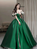 Off The Shoulder Satin A Line Green Prom Dress
