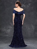 Trumpet Mermaid Navy Off The Shoulder Sequin Prom Dress