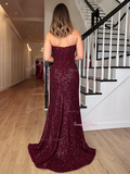 Sequin Trumpet Mermaid Burgundy Sweetheart Prom Dress With Slit