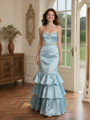 Sweetheart Satin Light Blue Crystal Trumpet Mermaid Prom Dress