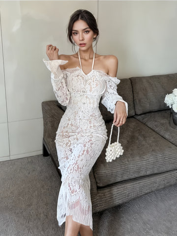 Romantic Bell Sleeves Off-Shoulder Lace White Dress