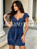 Navy Blue V Neck Cap Sleeve Sheath Column Homecoming Dress