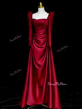 Sweetheart Ruched Satin Long Sleeve Burgundy A Line Prom Dress