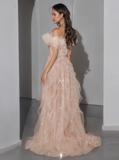 Sequin Trumpet Mermaid Ruffles Champagne Tulle Prom Dress