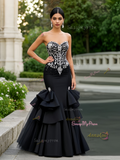 Crystal Ruffles Trumpet Mermaid Black Sweetheart Beading Prom Dress