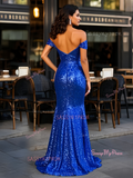 Sequin Trumpet Mermaid Royal Blue Off The Shoulder Prom Dress With Slit