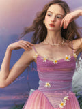Tulle Spaghetti Straps Ankle Length Purple Ombre Flower Prom Dress