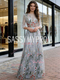 Gray Floral Tulle A Line Long Sleeve Prom Dress