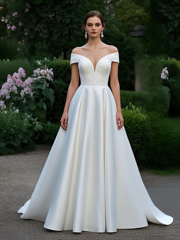 A Line Satin Appliques Off The Shoulder Wedding Dress