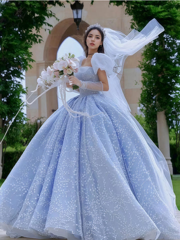 Square A Line Blue Tulle Puffy Sleeve Prom Dress Sassymyprom Square A Line Blue Tulle Puffy Sleeve Prom Dress Sassymyprom