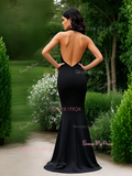 Backless Trumpet Mermaid Black Keyhole Satin Prom Dress With Slit