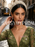 Half Sleeve V Neck Rose Olive Green Beading Tulle Prom Dress