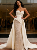 Detachable Train Sequin Mermaid Ivory Satin Sweetheart Wedding Dress