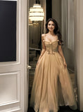 A Line Flowers Champagne Tulle Prom Dress With Slit