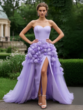 Tulle Flower Purple Sweetheart A Line Prom Dress With Slit