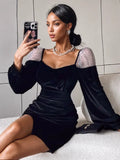 Sheer Sleeves Black Velvet Dress