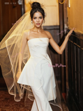 Satin Strapless A Line Simple Two Piece Wedding Dress