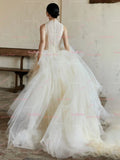 Tulle A Line Beading Ruffles High Neck Wedding Dress