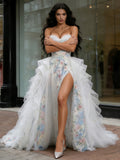Sweetheart Ruffles Tulle Floral Print Prom Dress With Slit