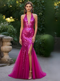 Halter Deep V Neck Fuchsia Sequin Trumpet Mermaid Prom Dress