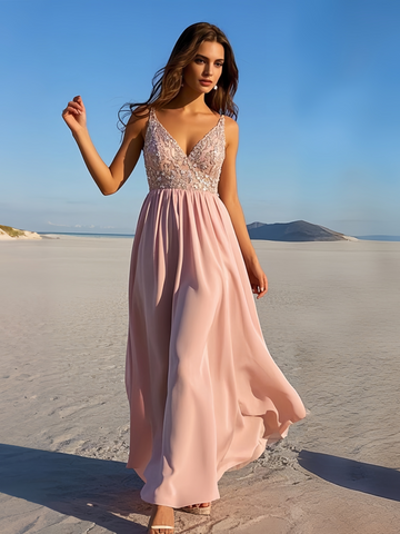 Chiffon Beading Pink V Neck A Line Prom Dress With Slit