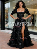 Puffy Sleeve Sequin Feather Black A Line Prom Dress