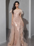 Sequin Trumpet Mermaid Ruffles Champagne Tulle Prom Dress