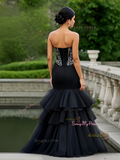 Crystal Ruffles Trumpet Mermaid Black Sweetheart Beading Prom Dress