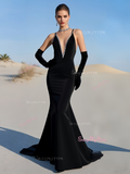 V Neck Trumpet Mermaid Black Beading Velvet Prom Dress With Glove