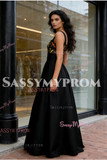 Square A Line Floral Straps Black Prom Dress