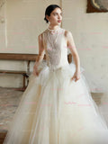 Tulle A Line Beading Ruffles High Neck Wedding Dress