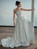 A Line Drape Strapless Satin Wedding Dress With Pockets