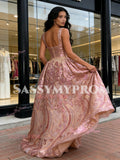 Floral Sheath Column Pink Sequin Detachable Train Prom Dress
