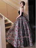 Tulle Ball Gown Ruffles Rose Print Prom Dress