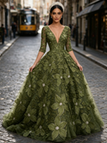 Half Sleeve V Neck Rose Olive Green Beading Tulle Prom Dress