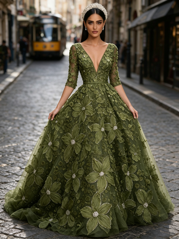 Half Sleeve V Neck Rose Olive Green Beading Tulle Prom Dress