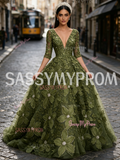 Half Sleeve V Neck Rose Olive Green Beading Tulle Prom Dress