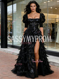Puffy Sleeve Sequin Feather Black A Line Prom Dress