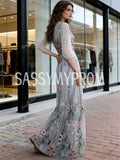 Gray Floral Tulle A Line Long Sleeve Prom Dress