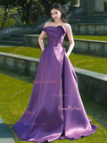 A Line Purple Satin Ruched Prom Dress With Pockets