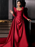 Sweetheart Ruched Satin Long Sleeve Burgundy A Line Prom Dress