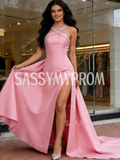 Satin Detachable Train A Line Pink Beading Prom Dress